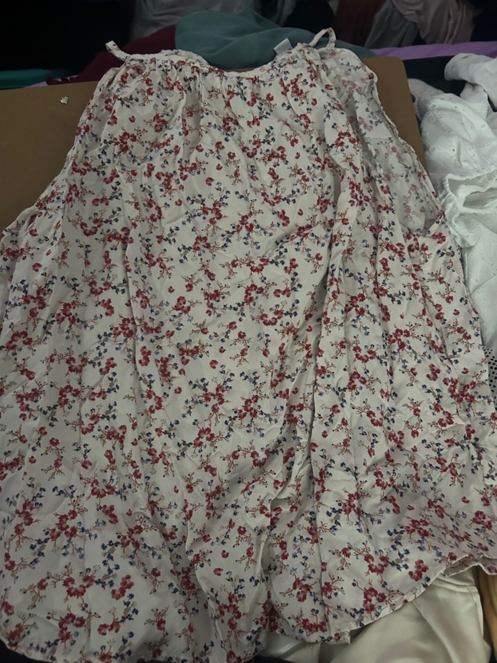 Cream Floral tank top with Red and Blue Print